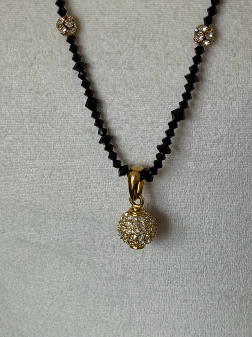 Vintage Gold-Tone Black Faceted Bead Necklace with Pavé Ball Pendant - Picture 4 of 4